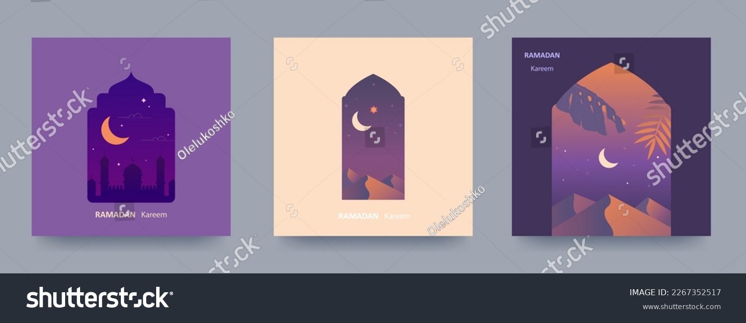 SVG of Ramadan Kareem Set of posters, holiday covers, flyers. Modern design in pastel colors with mosque, crescent moon, dune sands, arched windows. Vector illustration svg