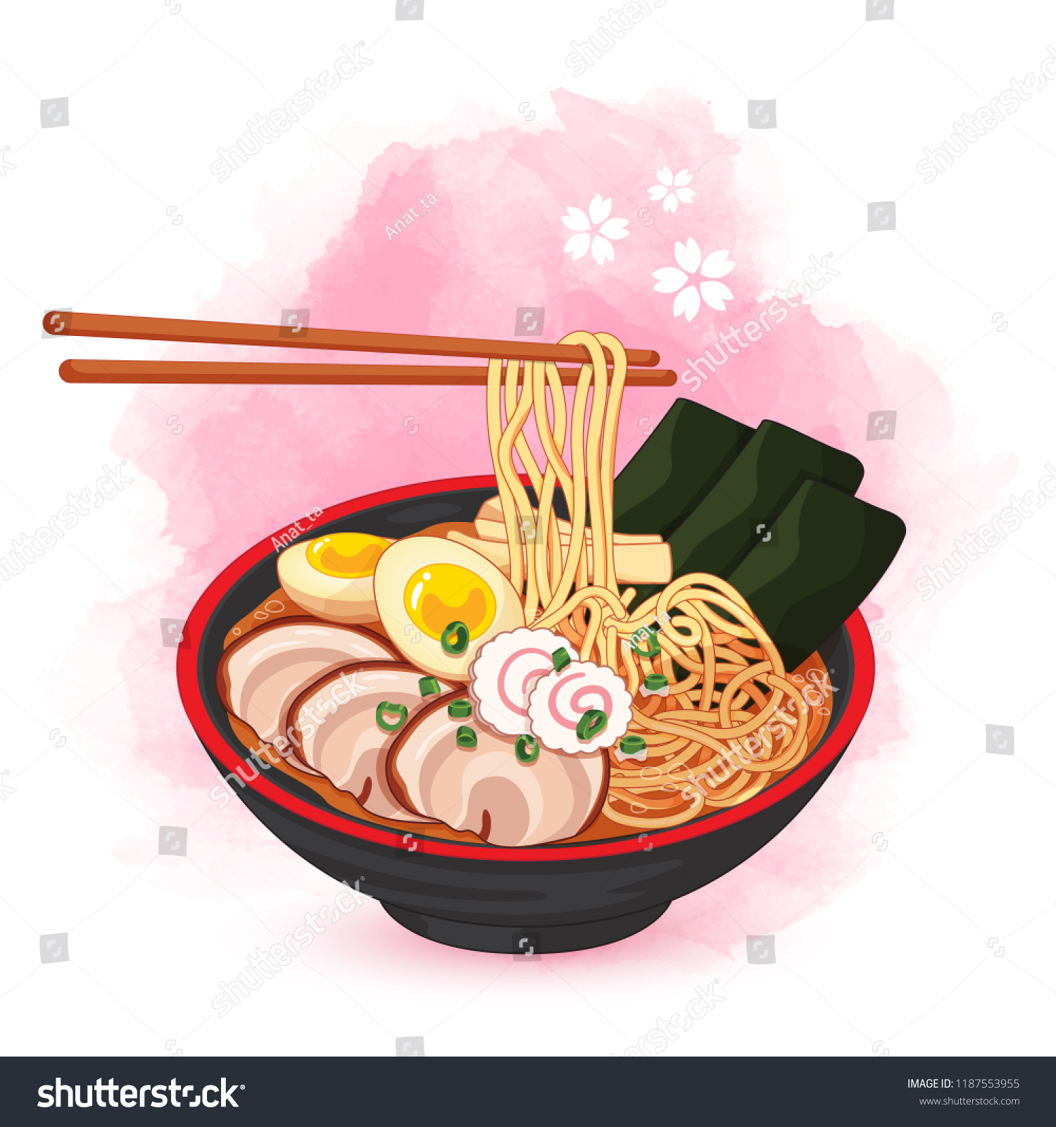 SVG of Ramen bowl on watercolor background. Toppings include eggs, sliced chashu pork, seaweed, bamboo shoots and naruto fish cake. svg