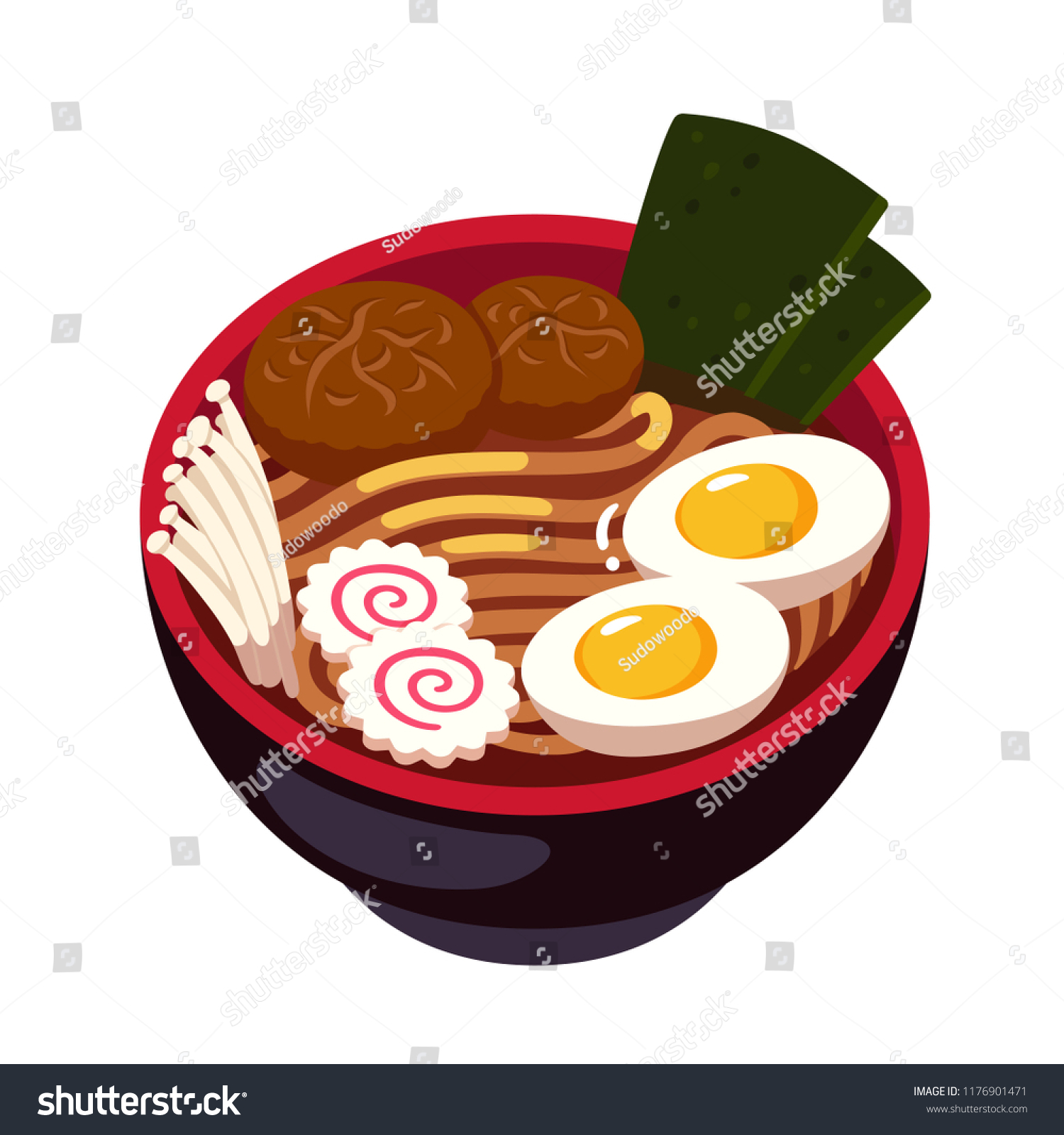 SVG of Ramen noodle soup bowl with enoki mushrooms, Naruto spiral fish cake and egg. Traditional Japanese cuisine dish. Cartoon vector illustration. svg