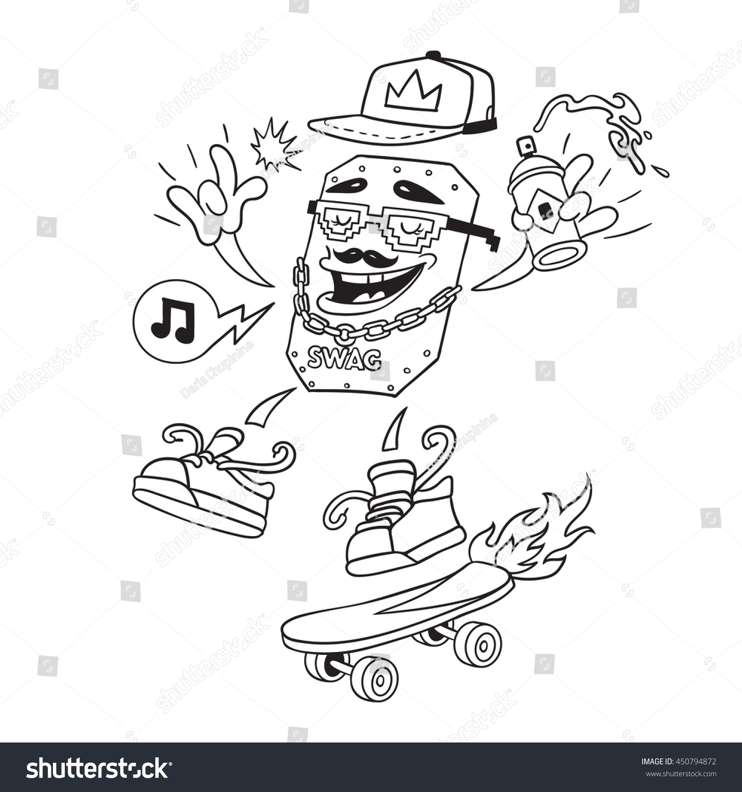 SVG of Rapper modern street style attributes. Swag vector doodle art. Cartoon character face with skateboard. Hip-Hop print for t-shirt. Comic hipster guy for poster. Hand drawn coloring book isolated. svg