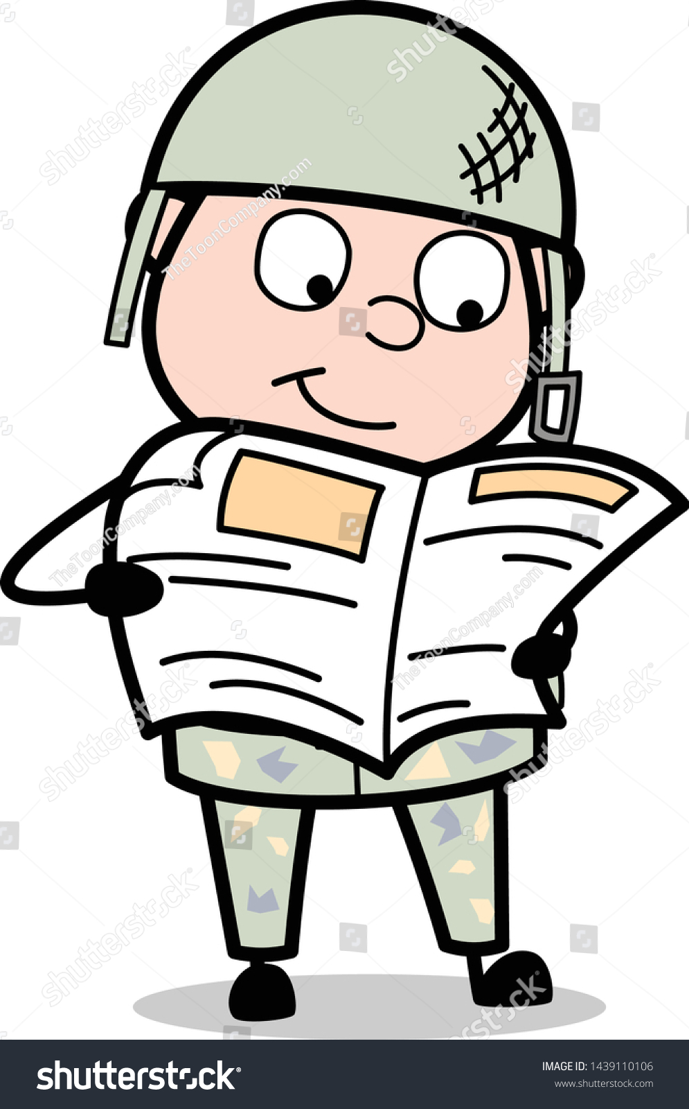 Reading Newspaper Cute Army Man Cartoon: vector de stock (libre de