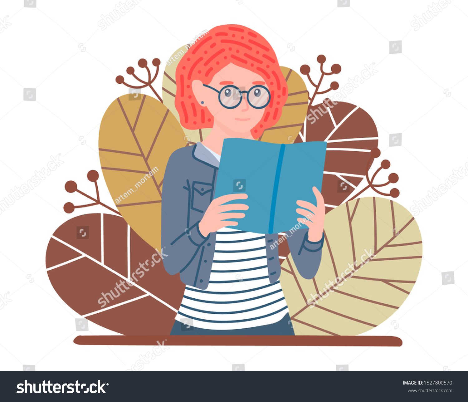 読書女 受験生 本を持つ眼鏡をかけた赤毛の女の子 文学ファン 背景に秋の葉 カートーンフラットスタイルのポスターコンセプトベクターイラスト のベクター画像素材 ロイヤリティフリー