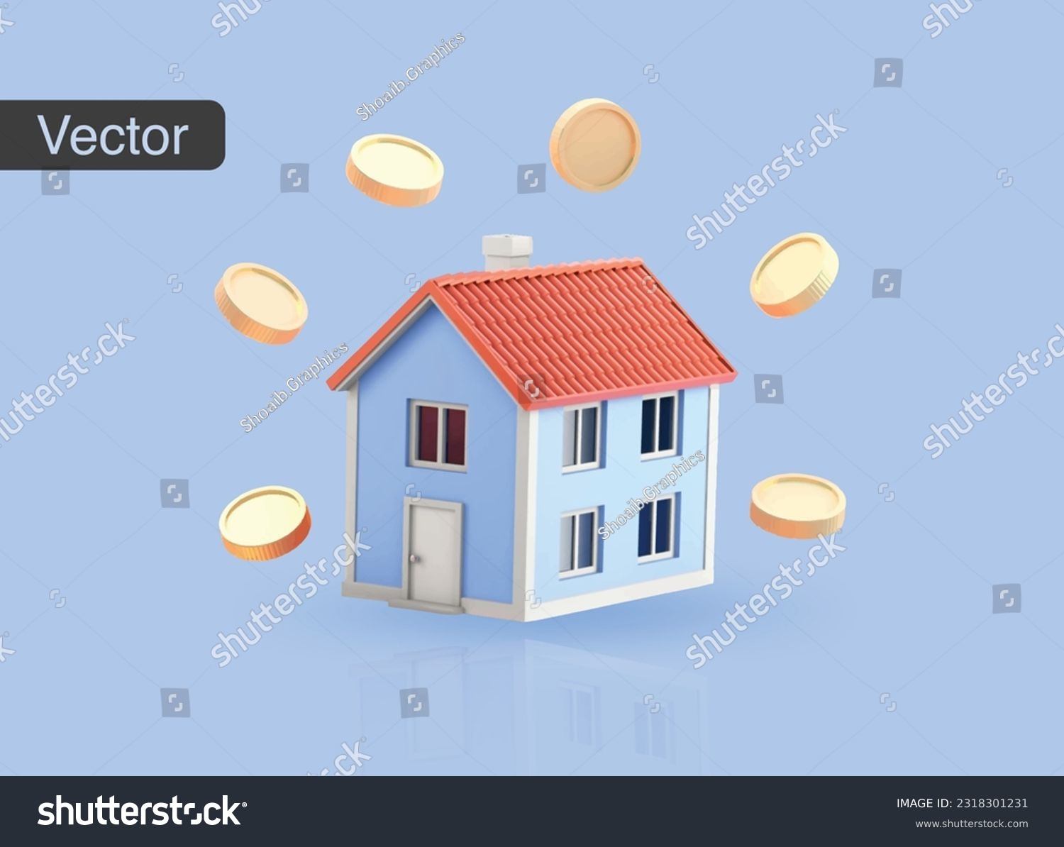 SVG of Real estate investment concept. Stack of coins and house model on blue background. 3d vector illustration svg