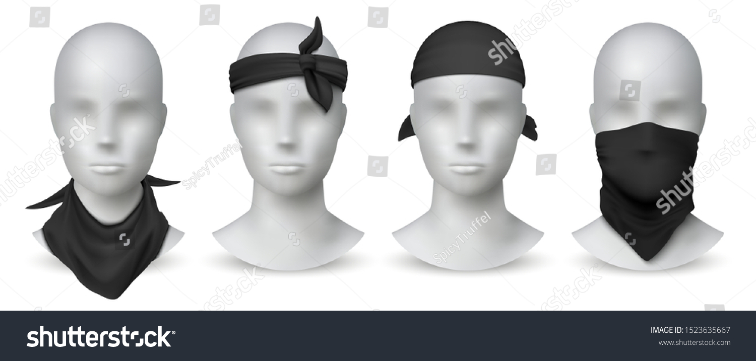 SVG of Realistic black bandana. Handkerchief or buff on white mannequin, biker blank head scarf or bandage template. Vector illustration isolated fashion mockup set for tourists gangsters on white background svg