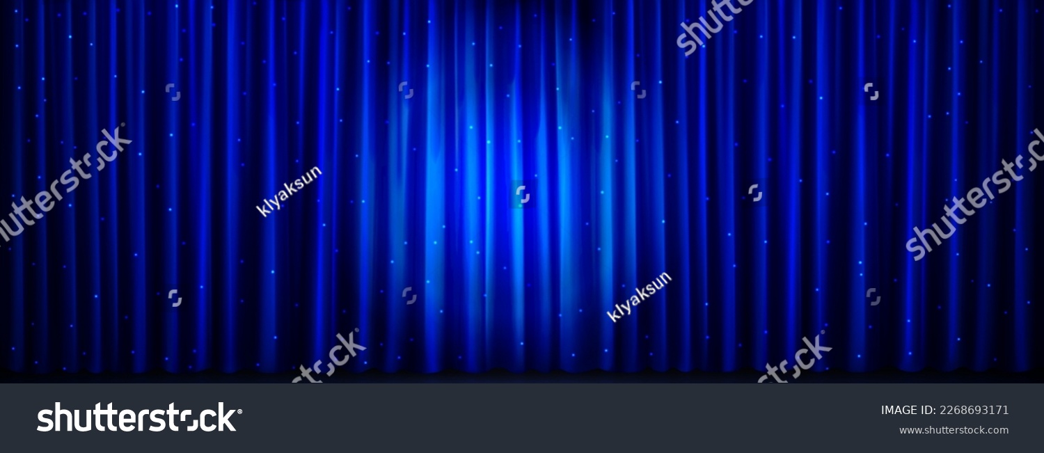 SVG of Realistic blue curtain background with garland lights. Vector illustration of theater stage illuminated by spotlight, silk fabric texture with smooth wavy surface and drapery folds. Night show decor svg