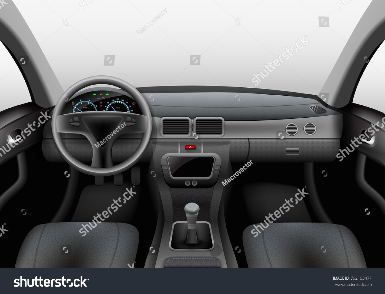 ダッシュボードの風防ガラスとハンドルのベクターイラストを備えた リアルな車の暗い内部 のベクター画像素材 ロイヤリティフリー