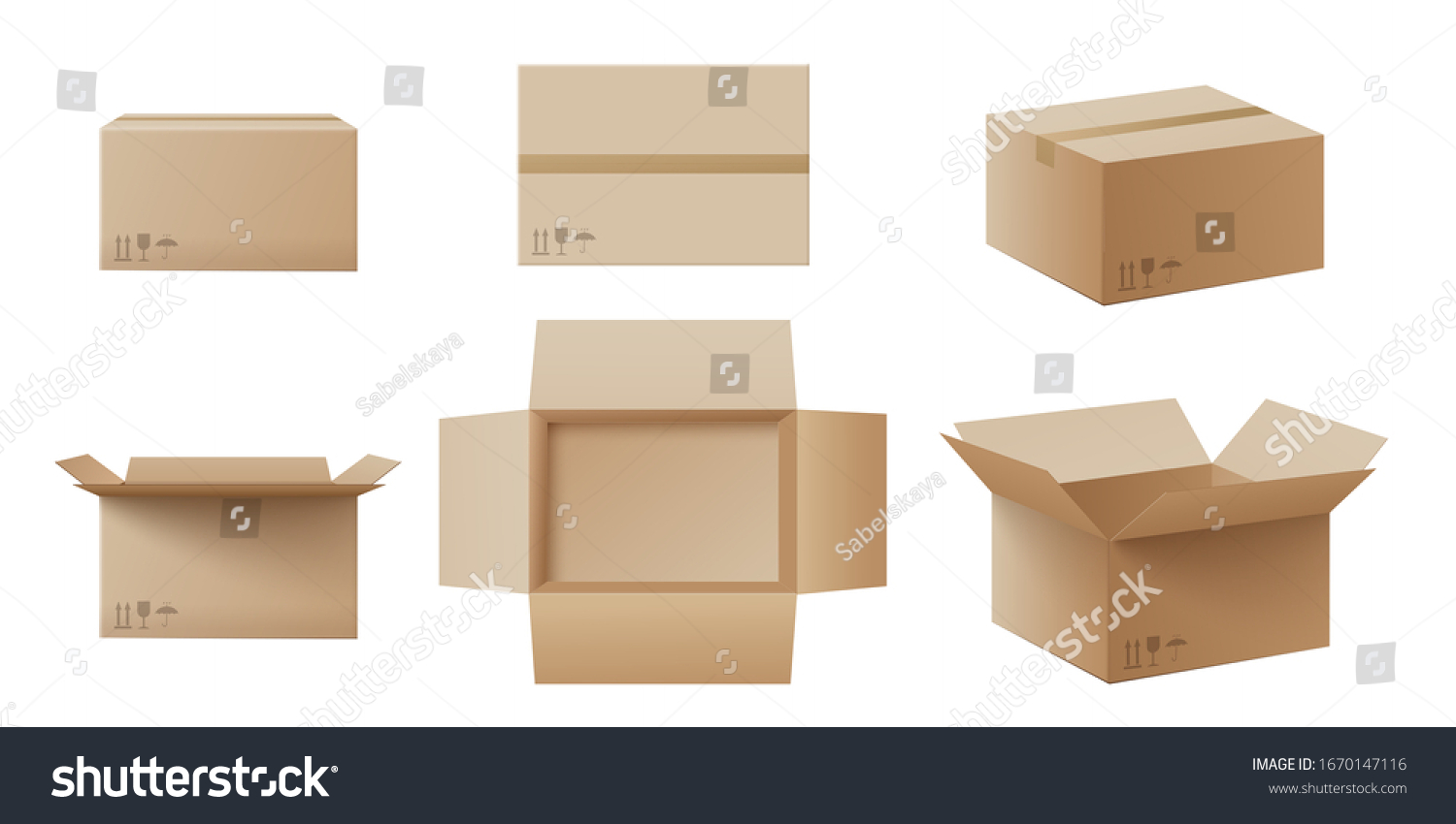 SVG of Realistic cardboard box mockup set from side, front and top view open and closed isolated on white background. Parcel packaging template - vector illustration. svg