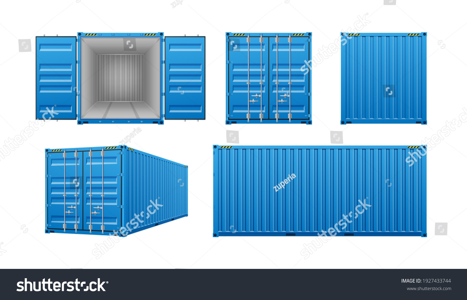 SVG of Realistic cargo containers, 3d templates set with different views isolated on white background. Shipping, transportation and delivery concept. Vector illustration svg