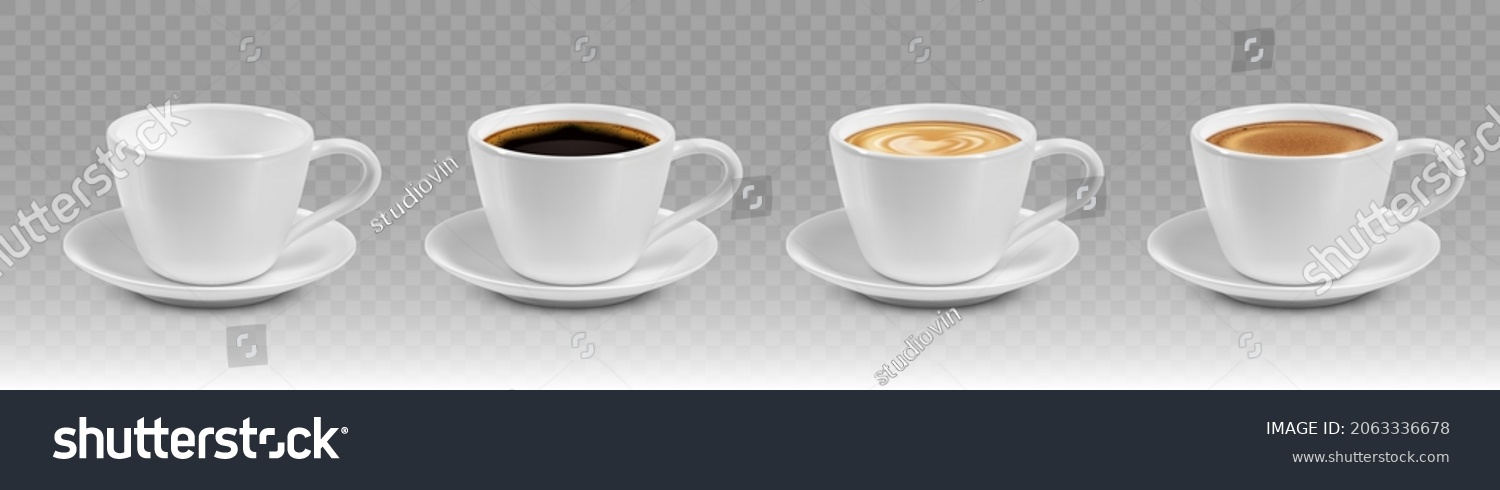 SVG of Realistic coffee cup set with different color hot drink. Black coffee, cappuccino, espresso, macchiato, mocha side view. svg