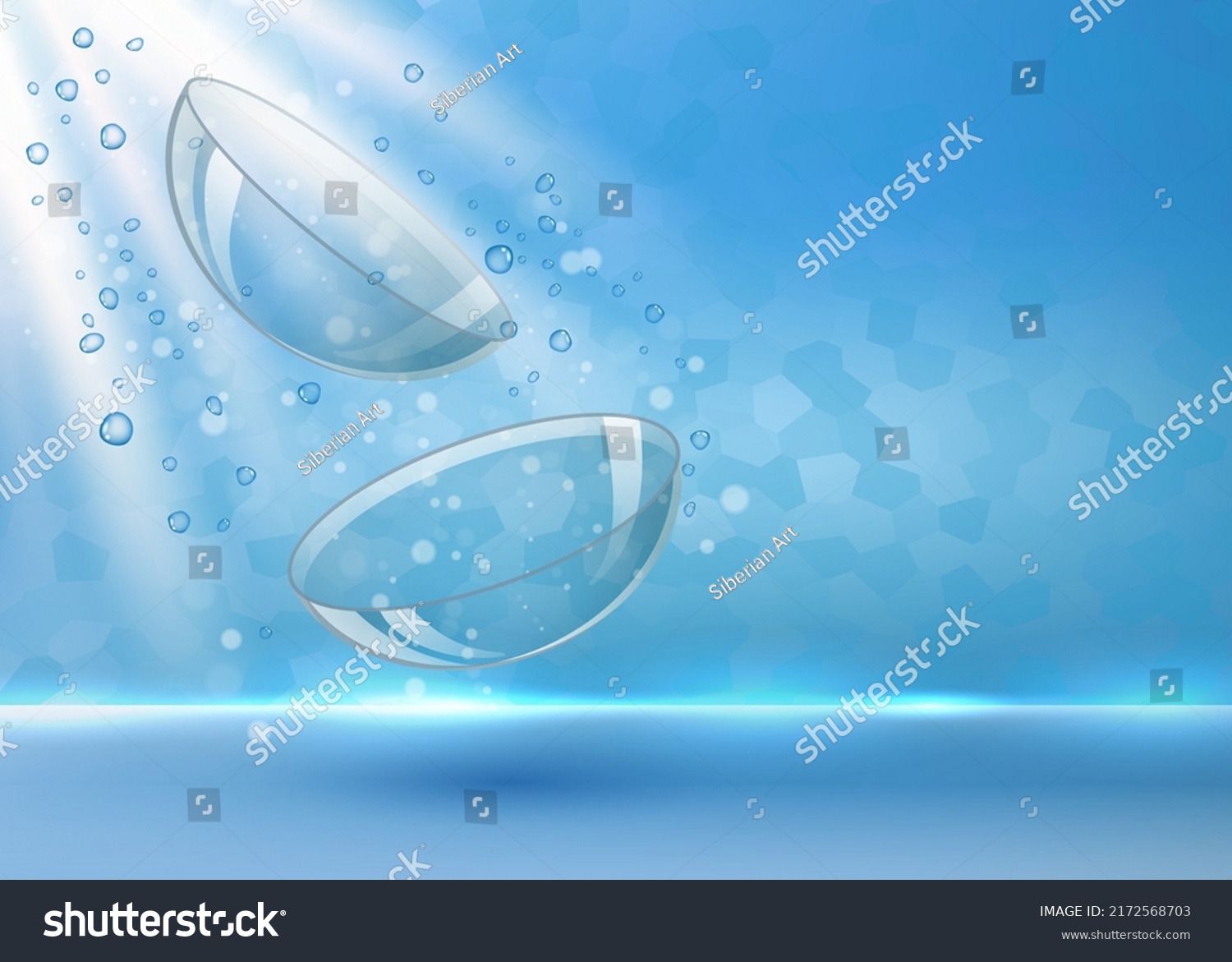 SVG of Realistic contact lenses for eyes in splashing water vector illustration. Ads poster or banner design template. Clear and closeup view mockup. Optic material for vision correction svg