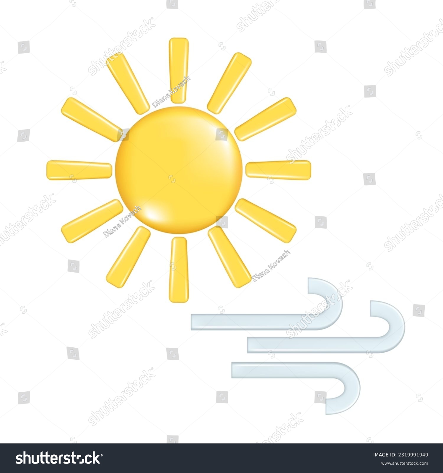 SVG of Realistic 3d design of weather forecast elements, icon symbol, meteorology. Decorative 3d golden Sun and blue wind. Vector illustration isolated on a white background svg