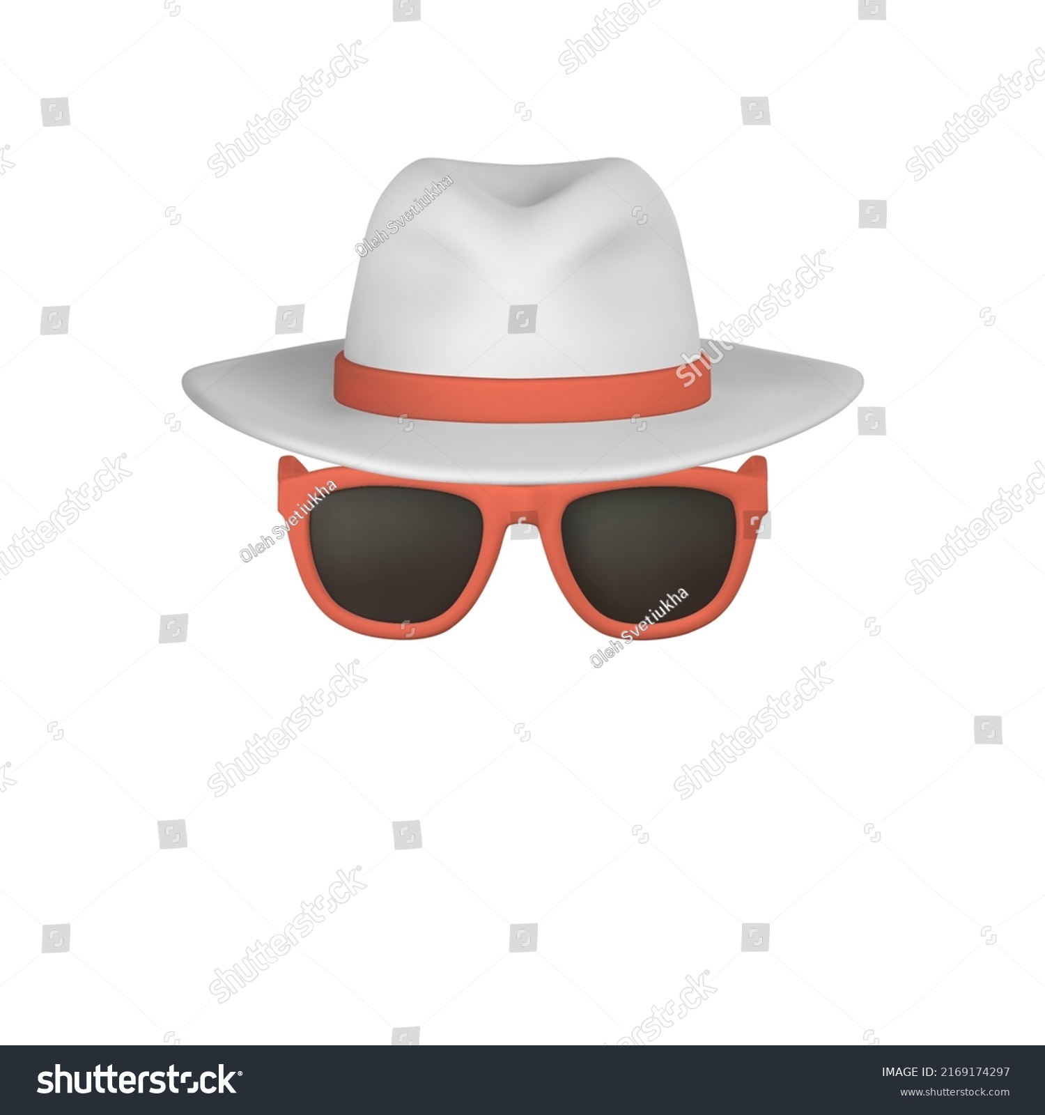 SVG of Realistic 3d mans hat and sunglasses  on white background. Summertime object. Vector illustration. svg
