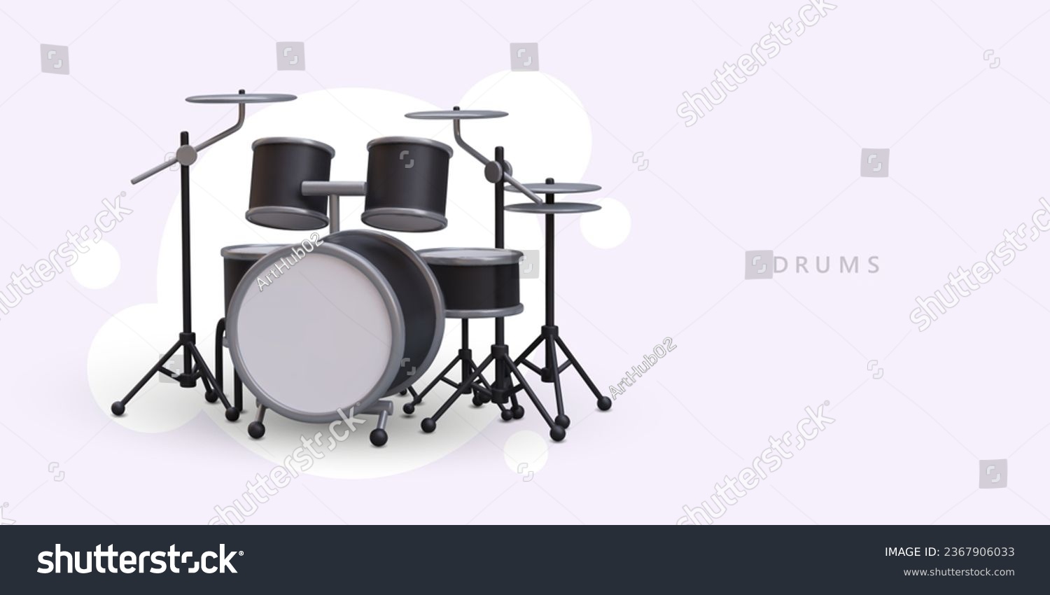 SVG of Realistic 3d poster with drum set. Creating music and hobby. Placard with musical instrument for music store. Vector illustration with place for text with purple background svg