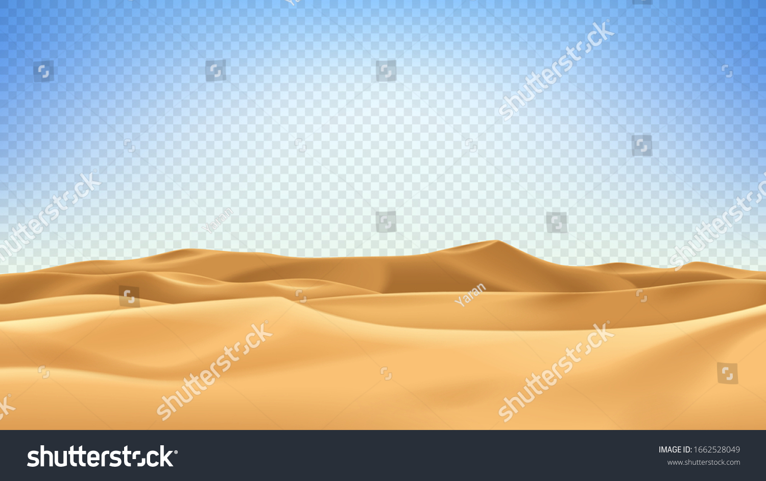 SVG of Realistic desert landscape isolated on checkered background. Beautiful view on realistic sand dunes. 3d vector illustration of sandy desert. svg