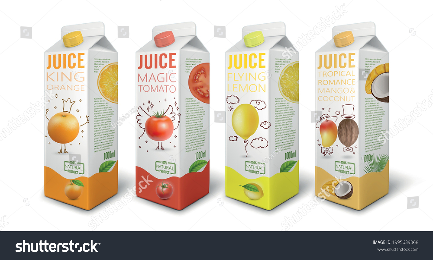 SVG of Realistic Detailed 3d Juice Pack Set Include of Orange, Lemon, Mango and Tomato . Vector illustration of Carton Package Box svg