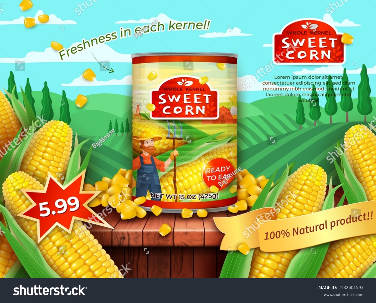 SVG of Realistic Detailed 3d Organic Canned Sweet Corn Ads Banner Concept Poster Cardon Green Field Background. Vector illustration svg