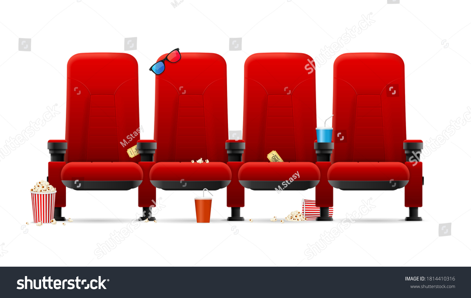SVG of Realistic Detailed 3d Red Cinema Seats with Different Trash after Movie Screening. Vector illustration of Chairs svg