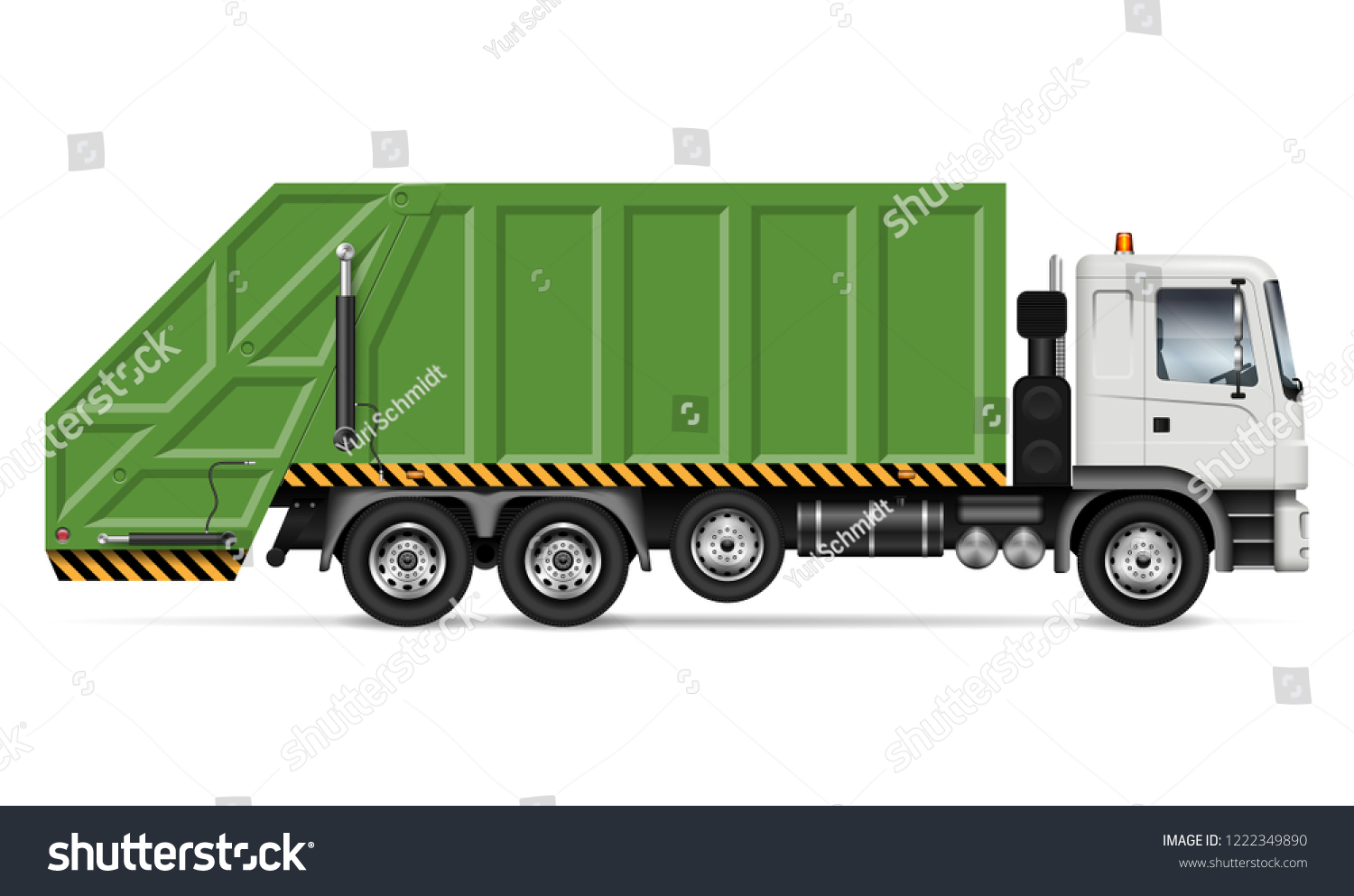SVG of Realistic garbage truck vector mockup. Isolated template of dump lorry on white background for vehicle branding, corporate identity. View from right side, easy to editing and recolor. svg