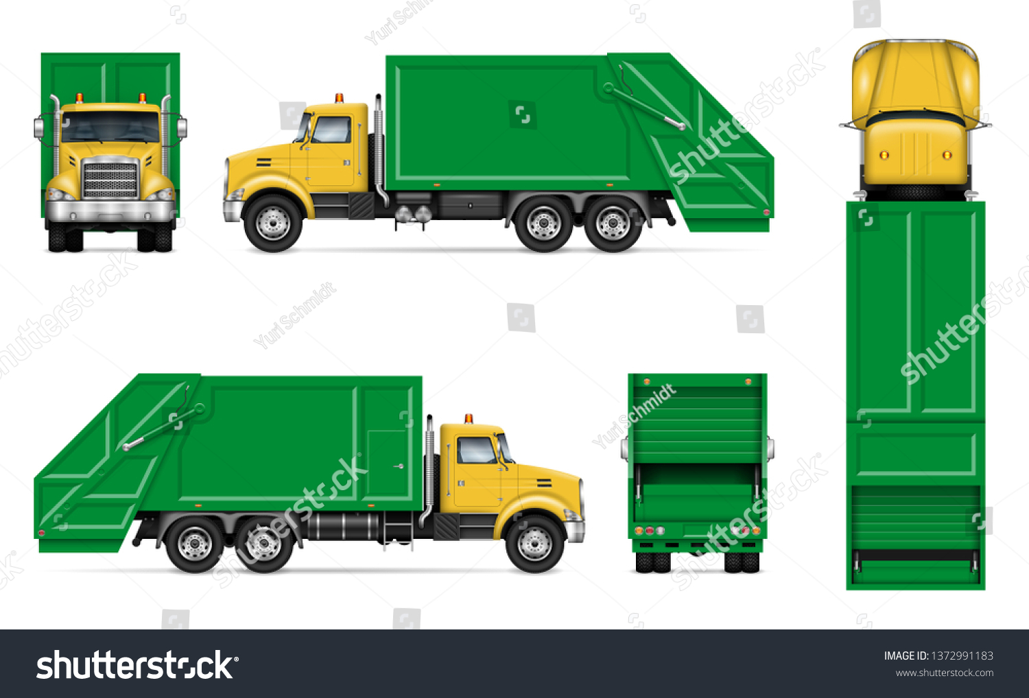 SVG of Realistic green garbage truck vector mockup. Isolated template of dump lorry on white background for vehicle branding, corporate identity, easy to editing and recolor svg