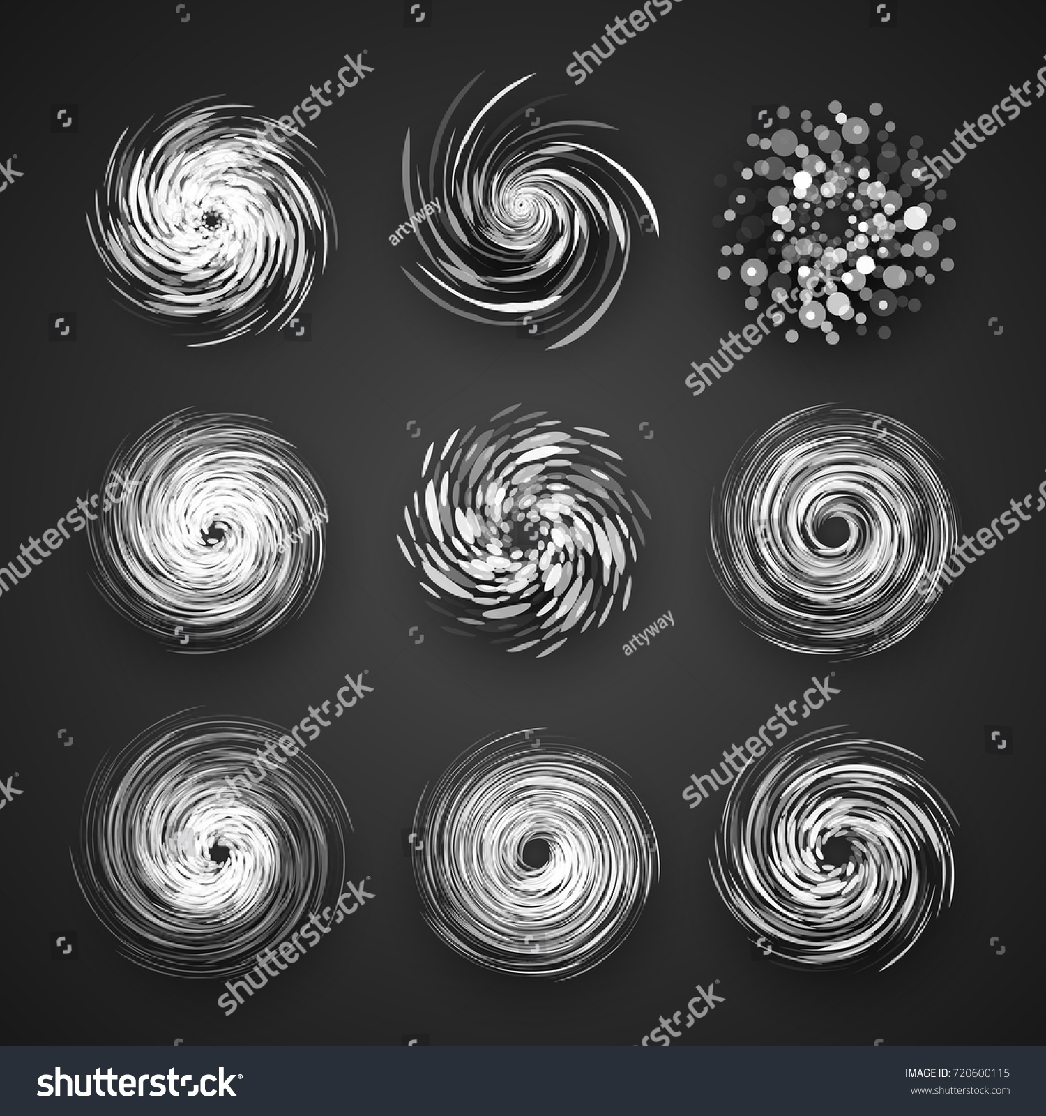 黒い背景にリアルなハリケーンのサイクロンベクター画像アイコン 台風のストームロゴ 影とスピン渦イラスト のベクター画像素材 ロイヤリティフリー