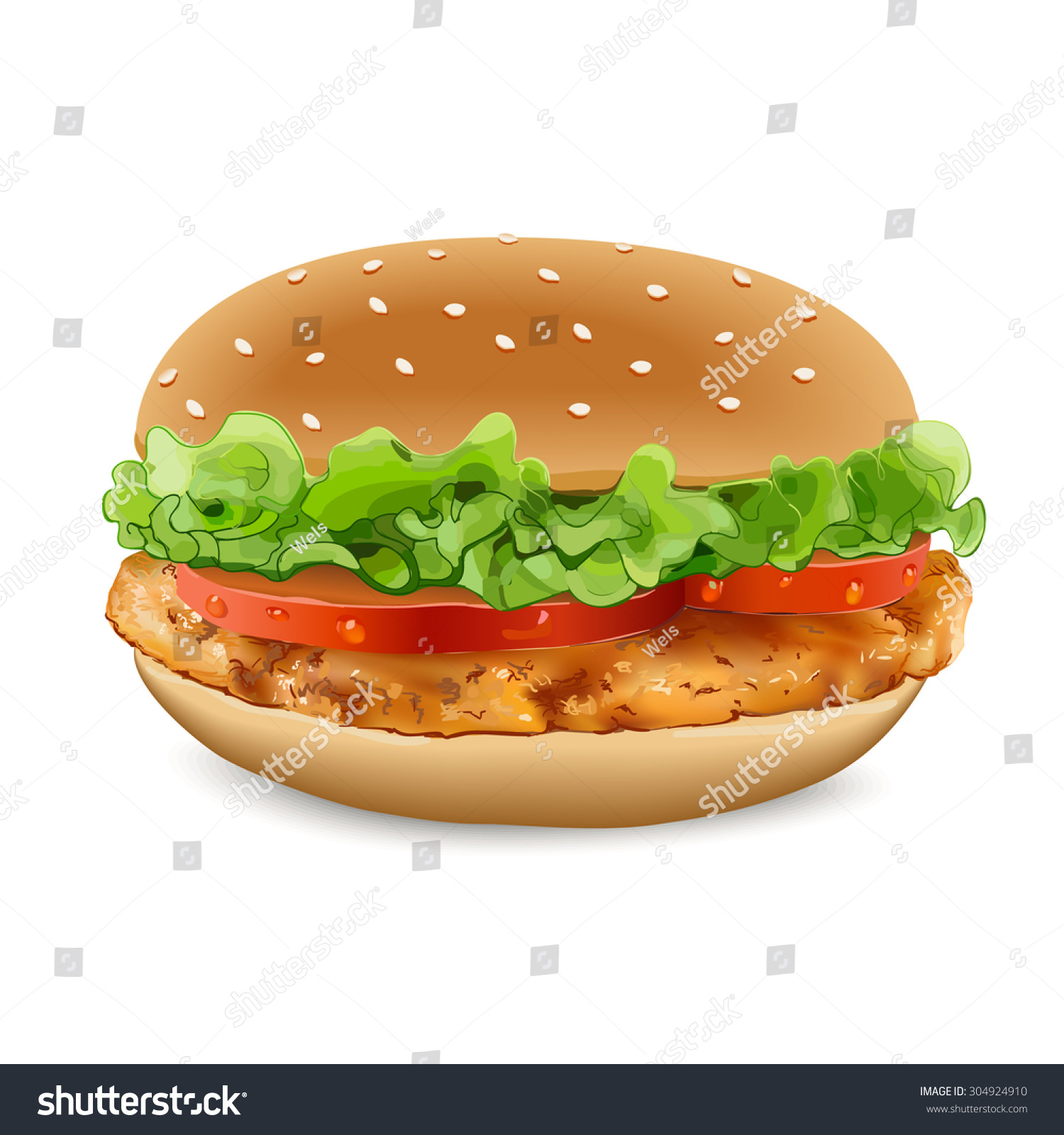 SVG of Realistic illustration of chicken burger. Tasty chicken burger include cutlet, tomato and salad. svg
