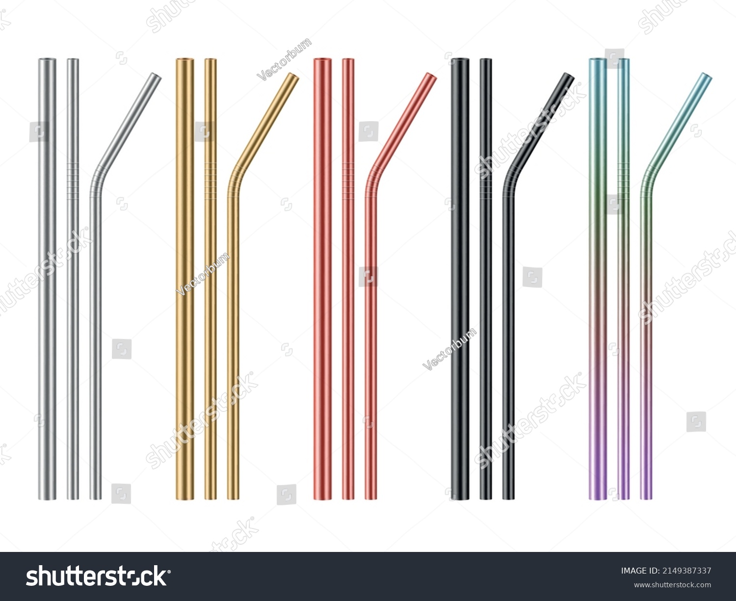 SVG of Realistic metal drinking straws. Different colors steel zero waste pipes for beverage. Straight and curved cocktail sticks. Alternative eco product. Vector reusable bar svg