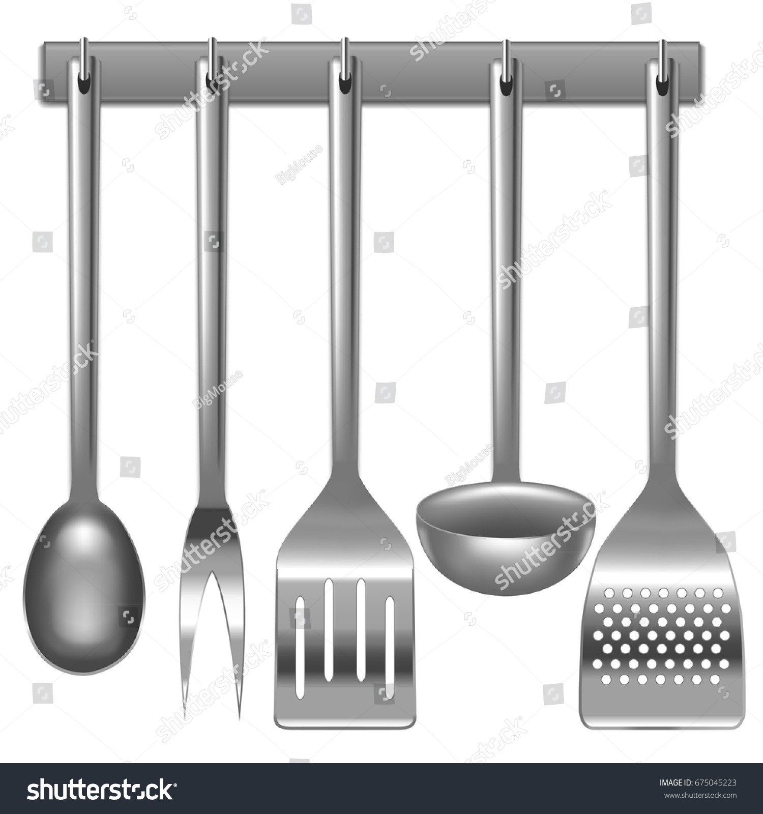 Realistic Metal Kitchen Utensils Set Hanging Stock Vector Realistic Metal Kitchen Utensils Set Hanging Stock Vector