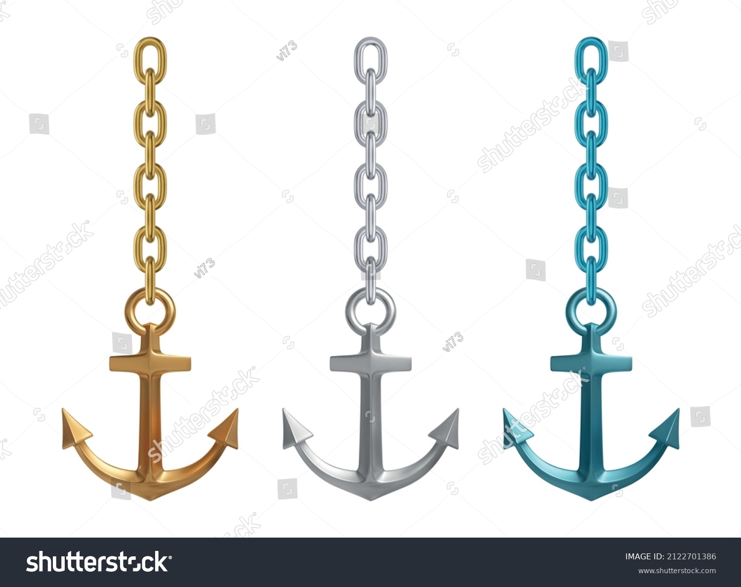 SVG of Realistic metallic, golden and blue anchors with chains. Vector illustration svg