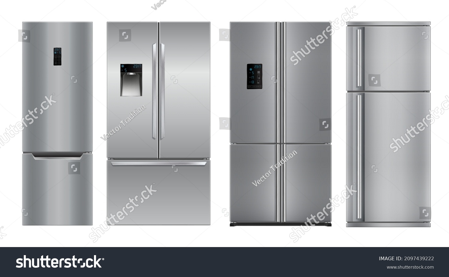 SVG of Realistic modern kitchen refrigerators, isolated fridge machine, freezer. Vector kitchen 3d appliance with digital display and dispenser for water, gray colored metal devices front view svg