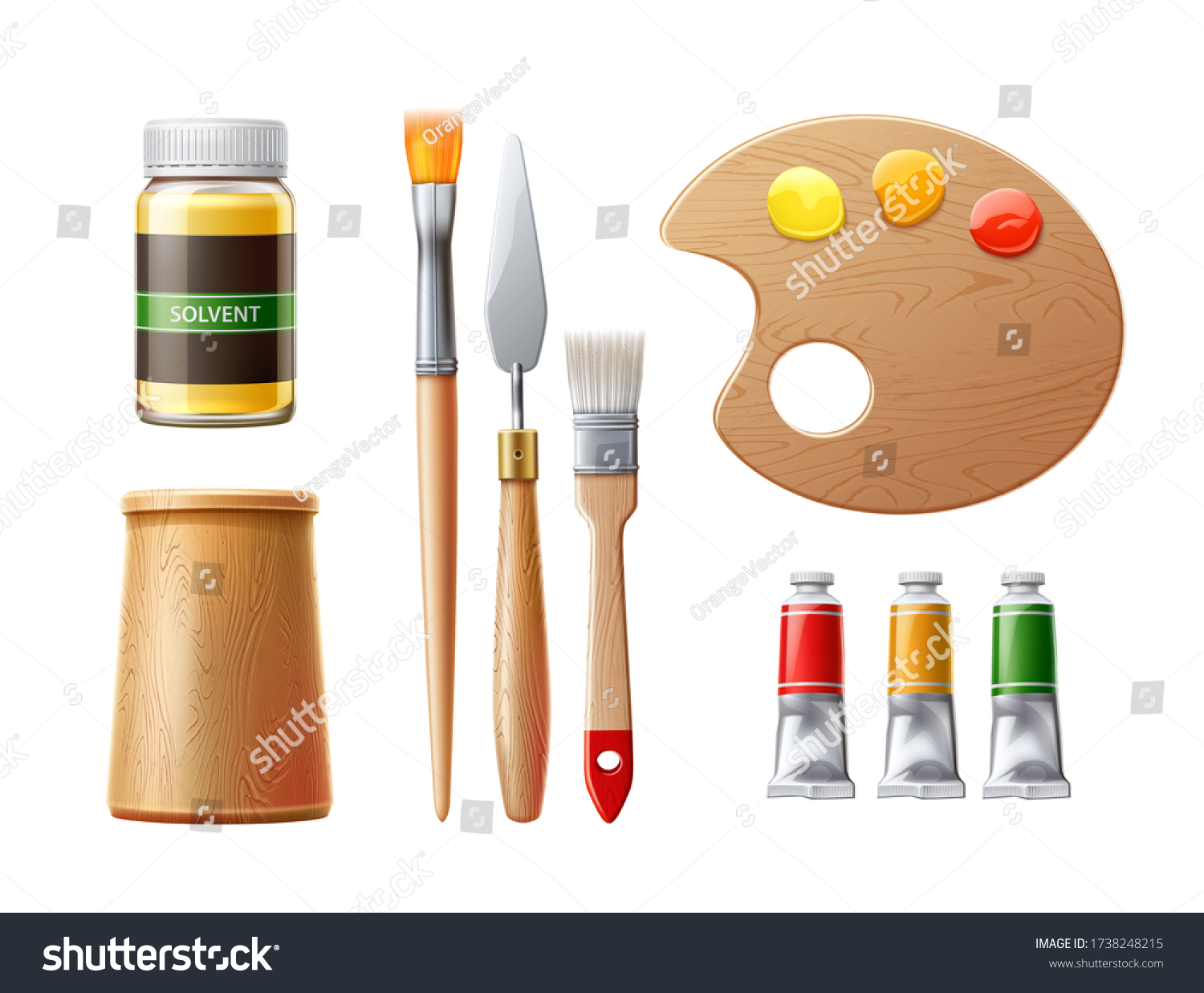 Realistic Painter Tools Set Oil Paint Stock Vector Royalty Free   Stock Vector Realistic Painter Tools Set Oil Paint Tubes Brushes And Palette Knife With Solvent Bottle 1738248215 