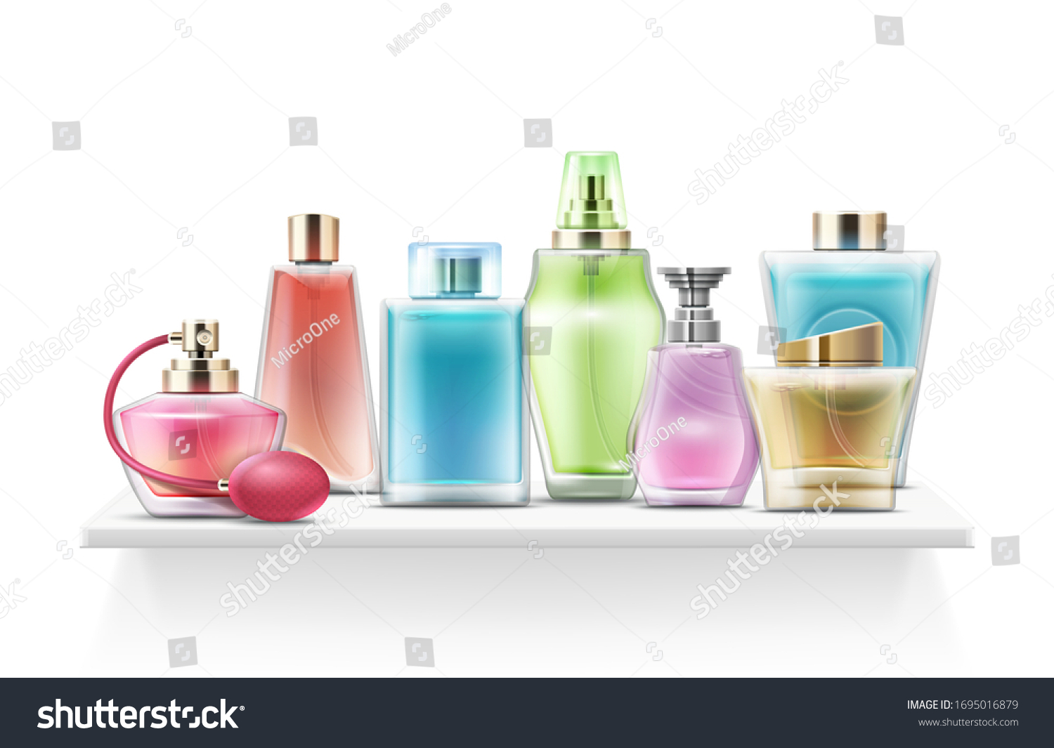 SVG of Realistic perfume bottles. Spray glass bottle, cosmetic pack. Isolated fragrance bottle on shelf for store vector illustration svg