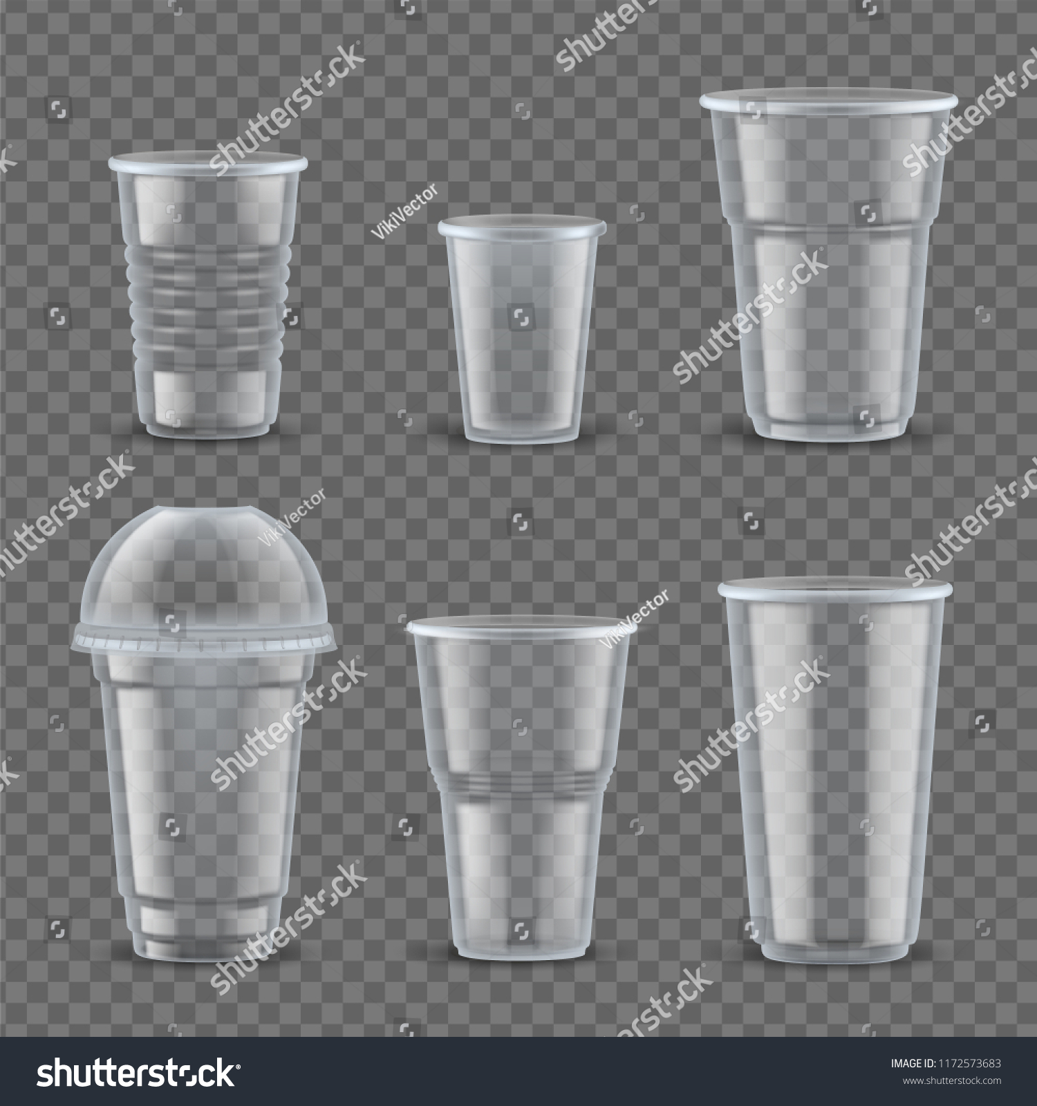 SVG of Realistic plastic cups mockup set. Containers to hold beverages empty with copyspace for text or logo, tableware and disposable food packaging. 3d plastic cup isolated vector illustration. svg