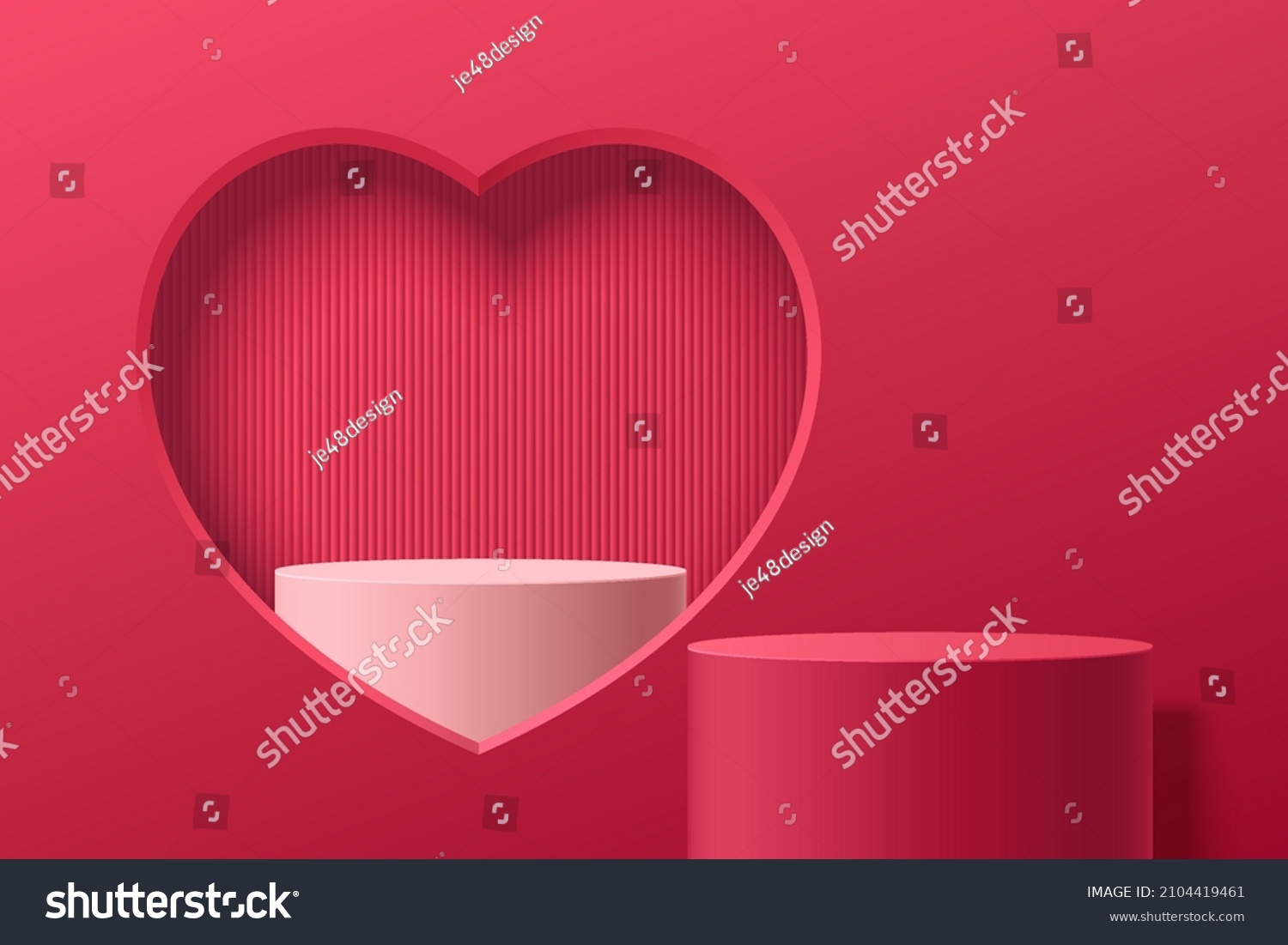 Realistic red 3D cylinder stand podium with with white podium in heart shape window. Valentine minimal scene for products showcase, Promotion display. Vector abstract studio room platform design.