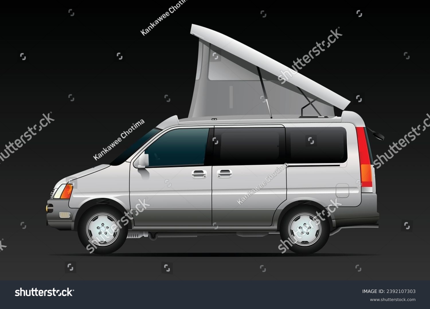 SVG of Realistic 90's era silver Japanese specification minivan with 90's automotive technologies and built in roof popup tent in dark gradient background illustration vector. svg
