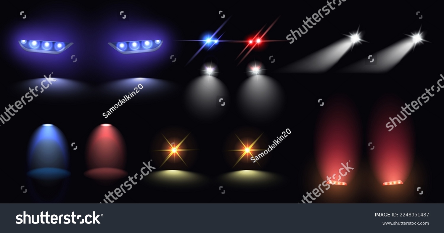 SVG of Realistic set of colorful car headlights tail and siren lights isolated on black background vector illustration. svg