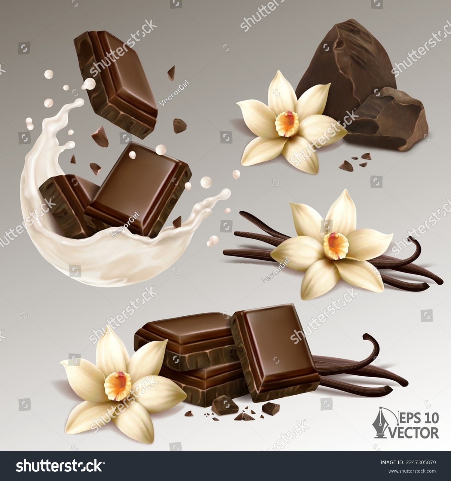 SVG of Realistic set of natural vanilla flowers and sticks, chocolate slices and crumbs in a milk or yogurt splash, 3d vector illustration svg