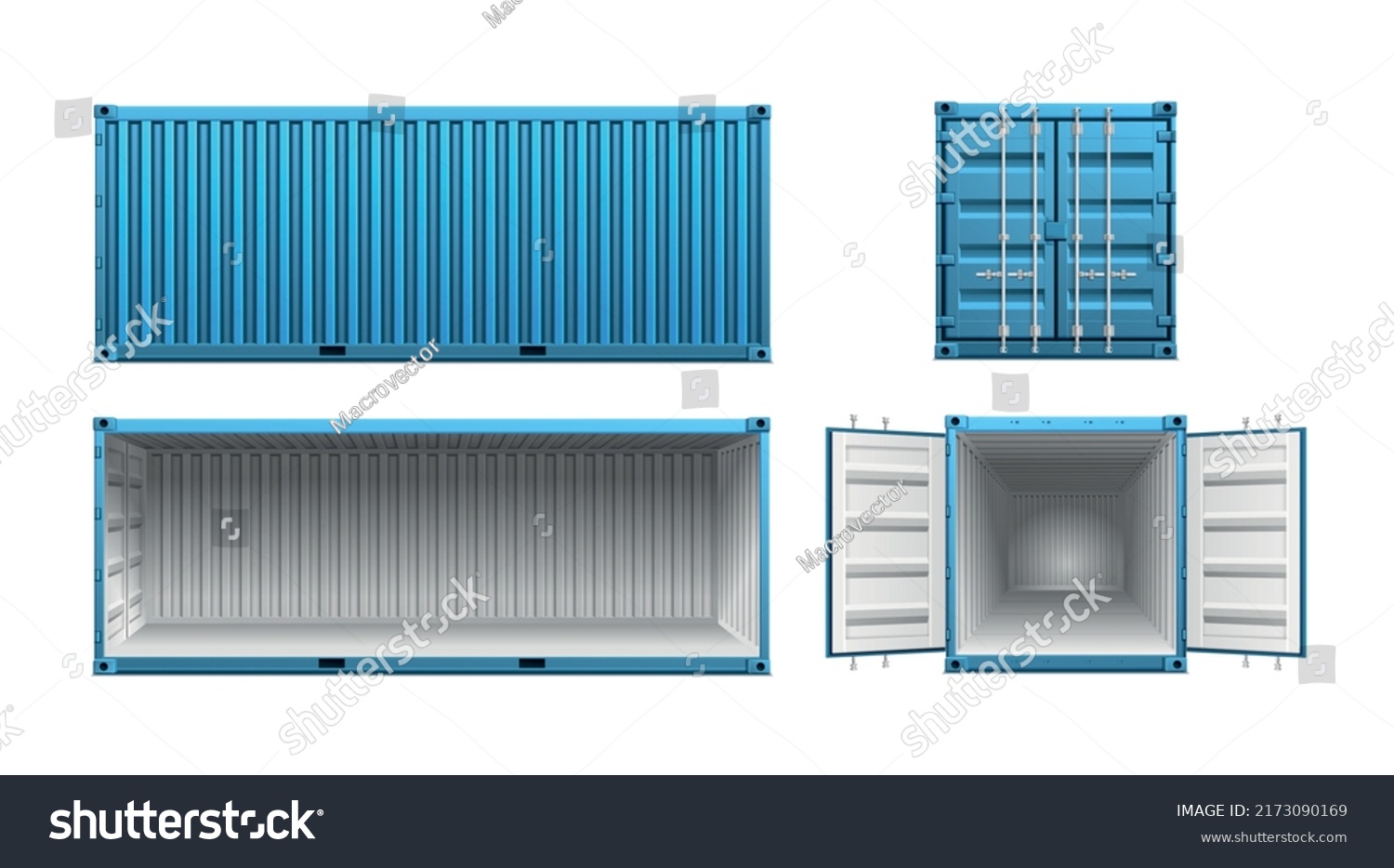 SVG of Realistic set of open and closed blue metal cargo container front and side view isolated vector illustration svg