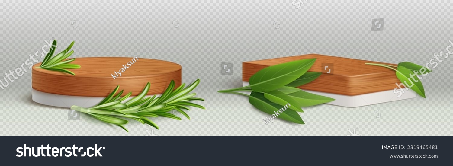 SVG of Realistic set of wooden podiums with rosemary and laurel leaves isolated on transparent background. Vector illustration of 3D platform for presentation of cosmetic product, cooking recipe ingredients svg