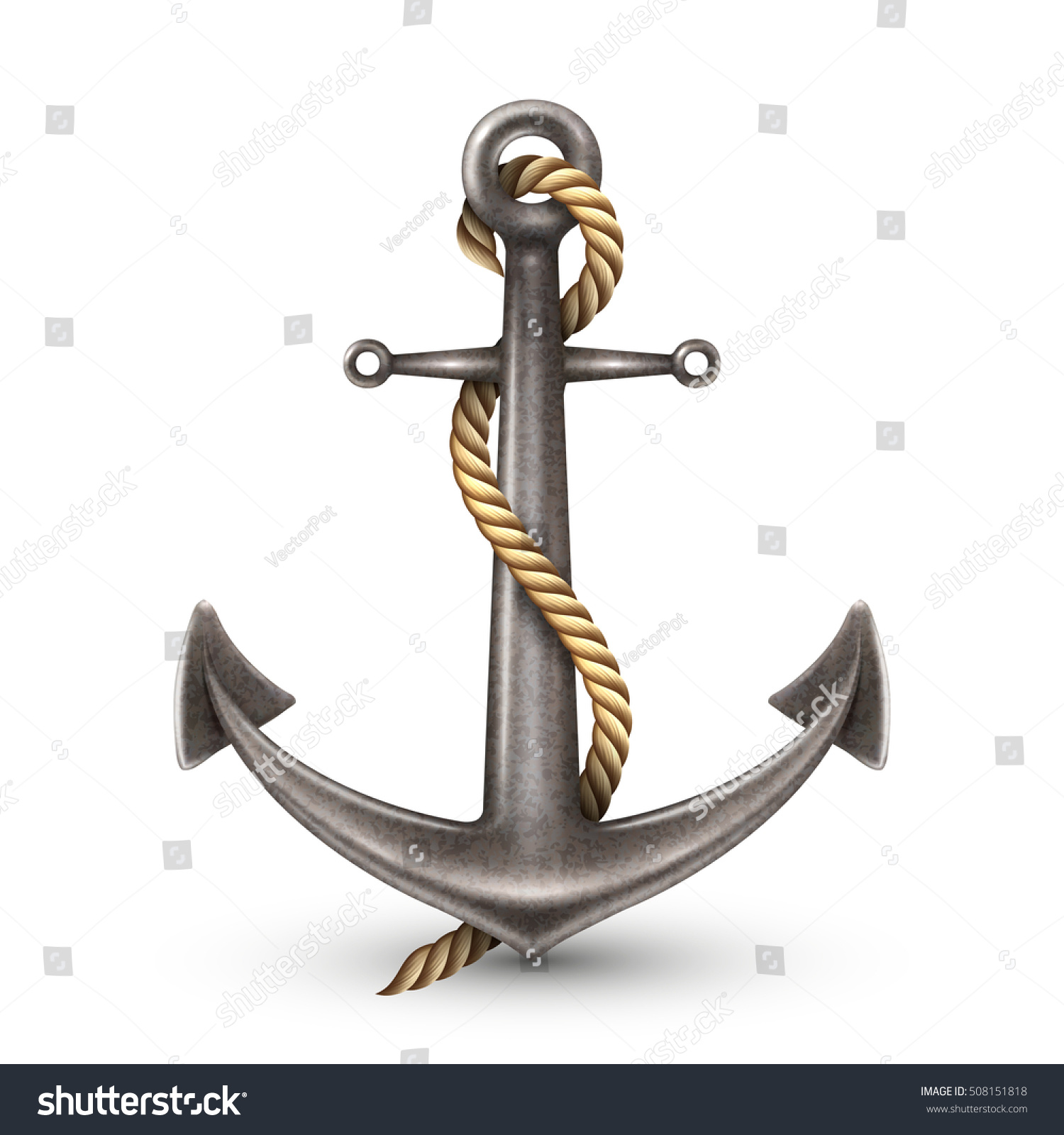 SVG of Realistic shiny steel anchor with yellow rope rings and shadow on white background isolated vector illustration   svg