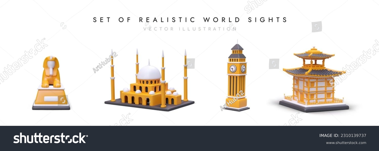 SVG of Realistic sights of world with shadows on white background. Set of colored 3D icons. Sphinx, Taj Mahal, Big Ben, pagoda. Symbols of countries, tourist attractions svg
