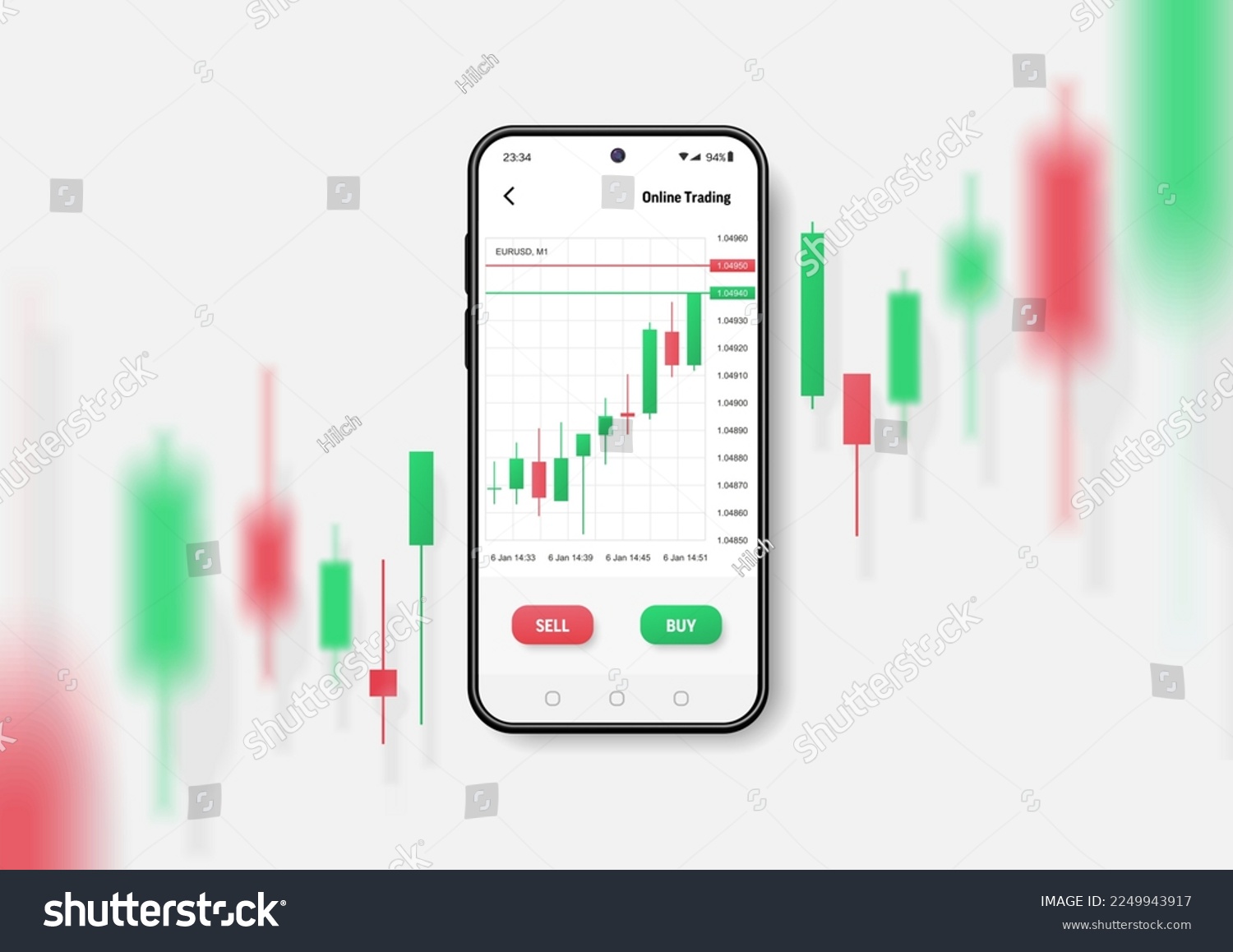 SVG of Realistic smartphone mockup. 3d candlestick chart of stock sale and buy. Market investment, online trade on mobile phone. Vector transparent shadow, blur effect. Business application interface design. svg