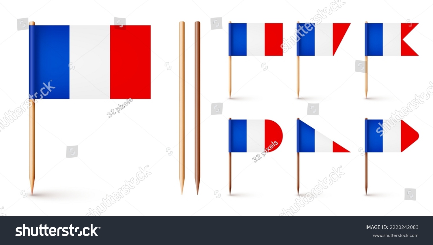 SVG of Realistic various French toothpick flags. Souvenir from France. Wooden toothpicks with paper flag. Location mark, map pointer. Blank mockup for advertising and promotions. Vector illustration svg