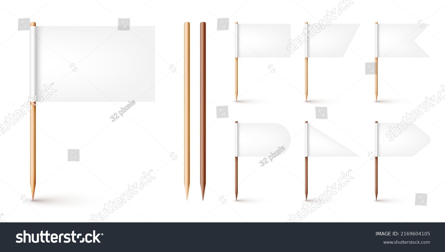 SVG of Realistic various toothpick flags. Wooden toothpicks with white paper flag. Location mark, map pointer. Blank mockup for advertising and promotions. Vector illustration svg