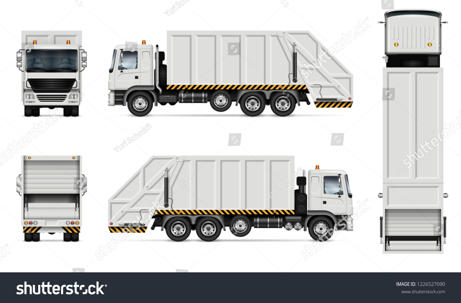 SVG of Realistic white garbage truck vector mockup. Isolated template of dump lorry on white background for vehicle branding, corporate identity. View from right side, easy to editing and recolor. svg
