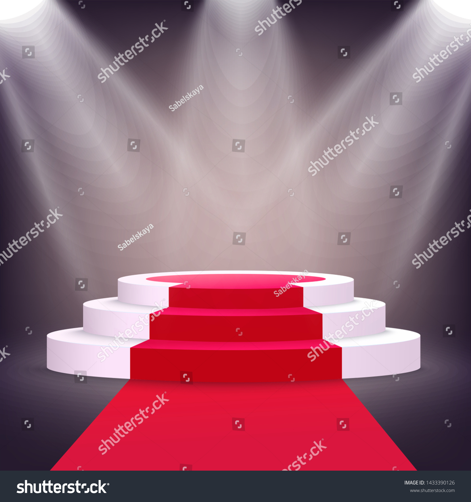 Realistic White Podium Stage With Red Carpet Lit From Multiple