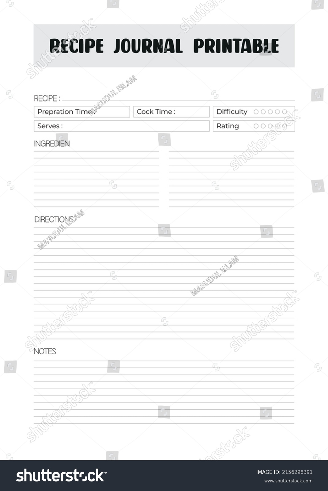 Recipe Journal Daily Food Journal Printable Stock Vector (Royalty Free ...