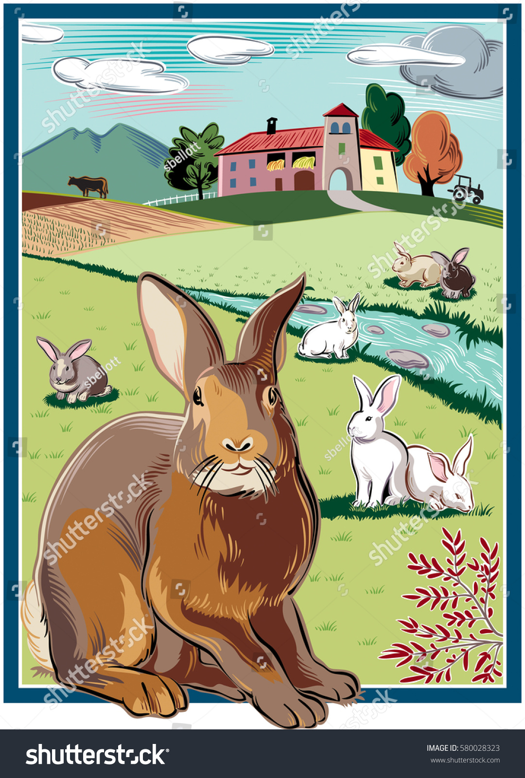 Rectangular Frame Rabbits On Meadow Near Stock Vector (Royalty Free ...