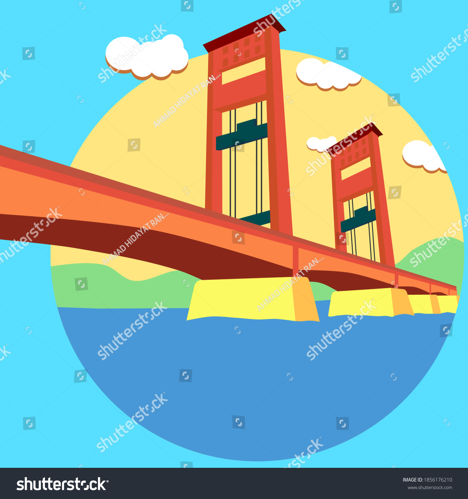 SVG of red ampera bridge with blue background in palembang indonesia svg