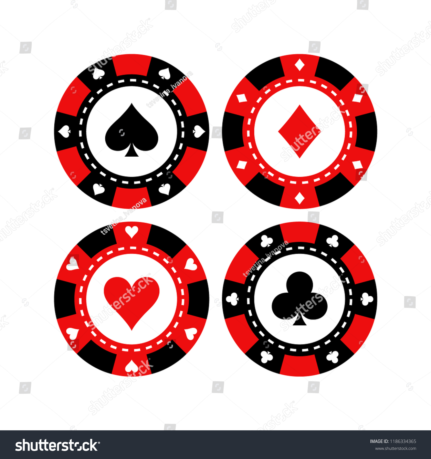 赤と黒のポーカーゲームチップのベクター画像セット カジノは カードの記号 ハート スペード クラブ ダイヤを使ったコイン のベクター画像素材 ロイヤリティフリー