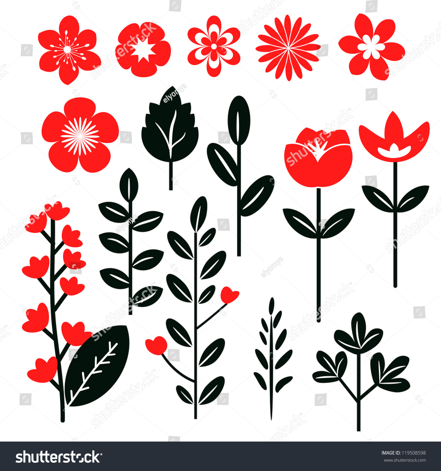 Red Black Set Flowers Leaves Stock Vector 119508598 - Shutterstock
